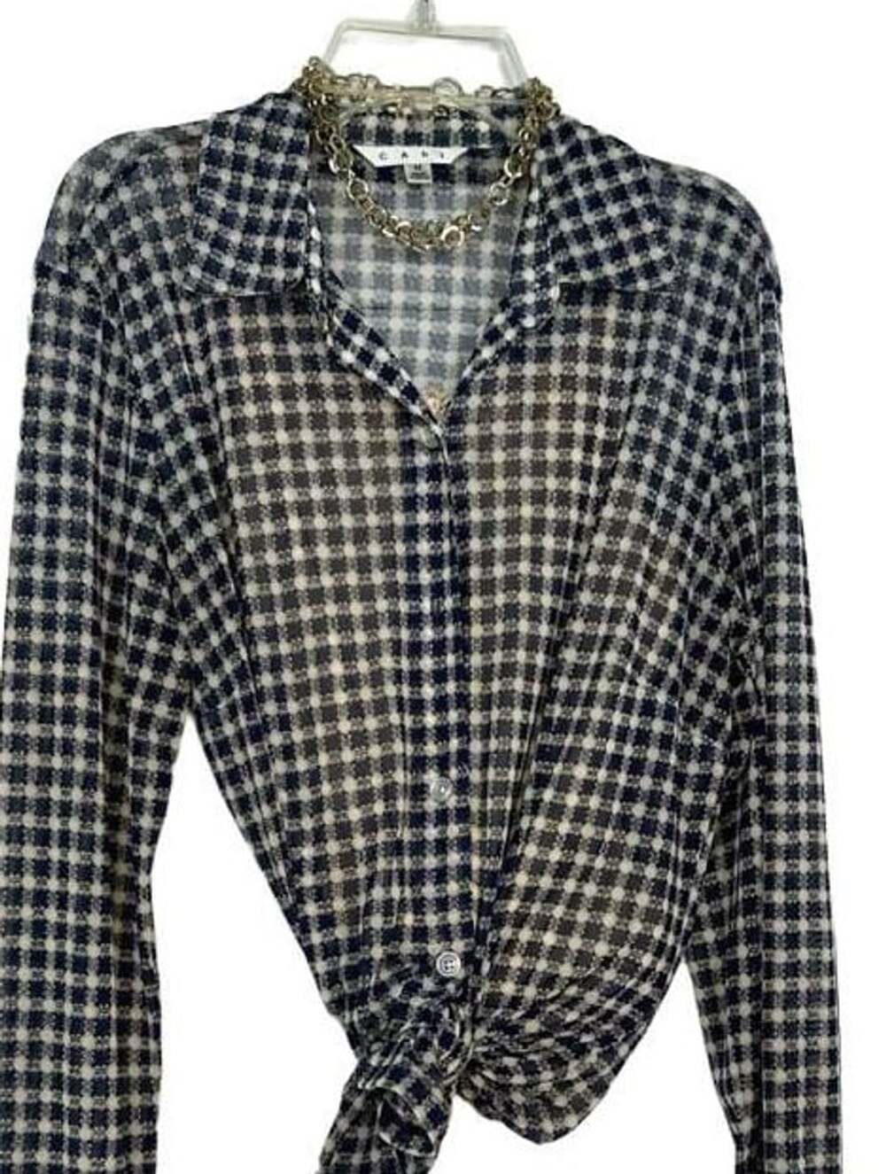 Cabi Navy Blue Gingham Sheer Button-Down Shirt Blouse Size M